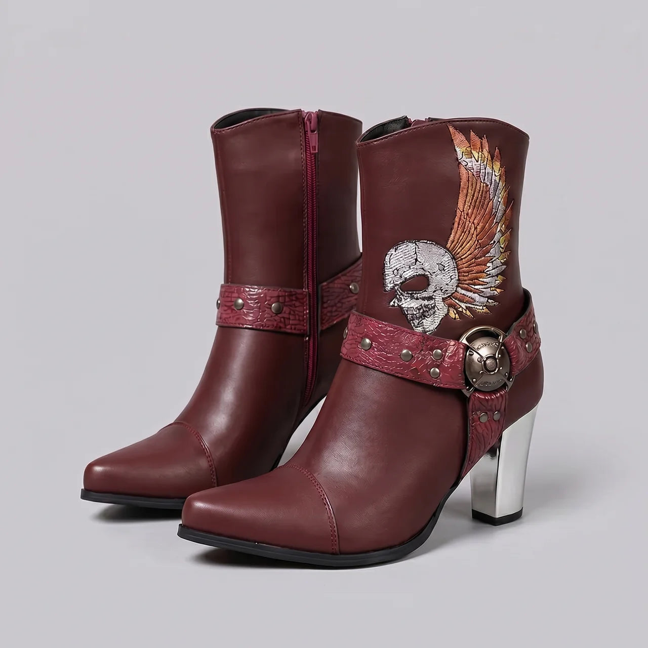 EKON Embroidered Skull Moto Ankle Boots Red