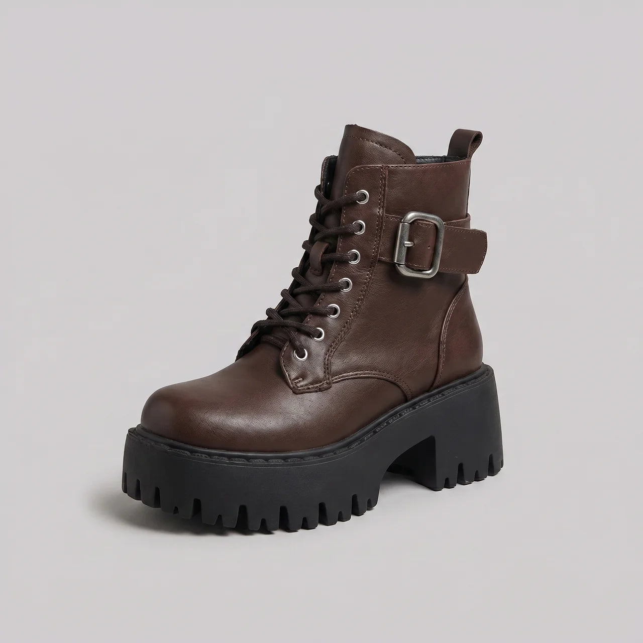 EKON Buckle Platform Moto Ankle Boots Brown