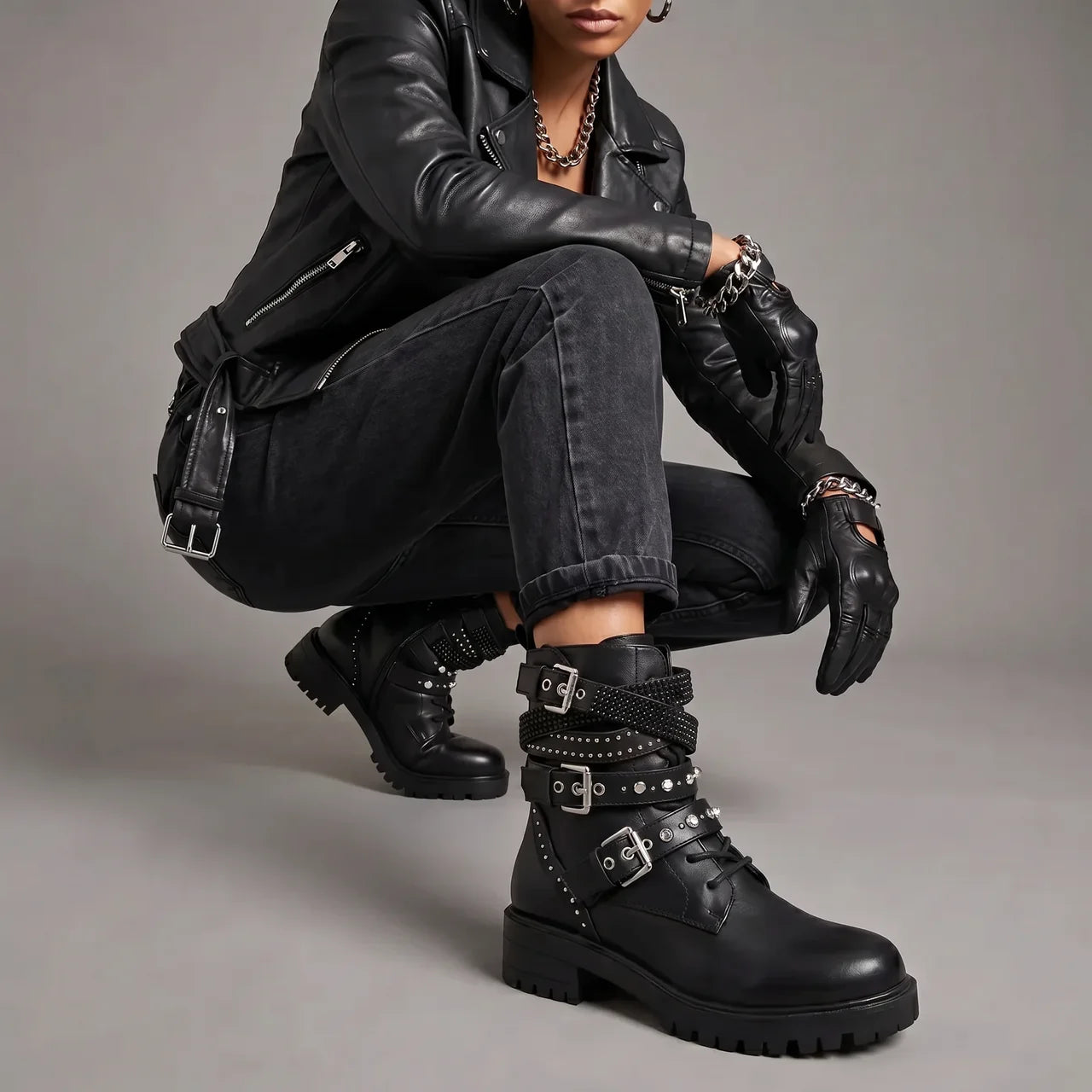 EKON Studded Buckle Moto Combat Boots