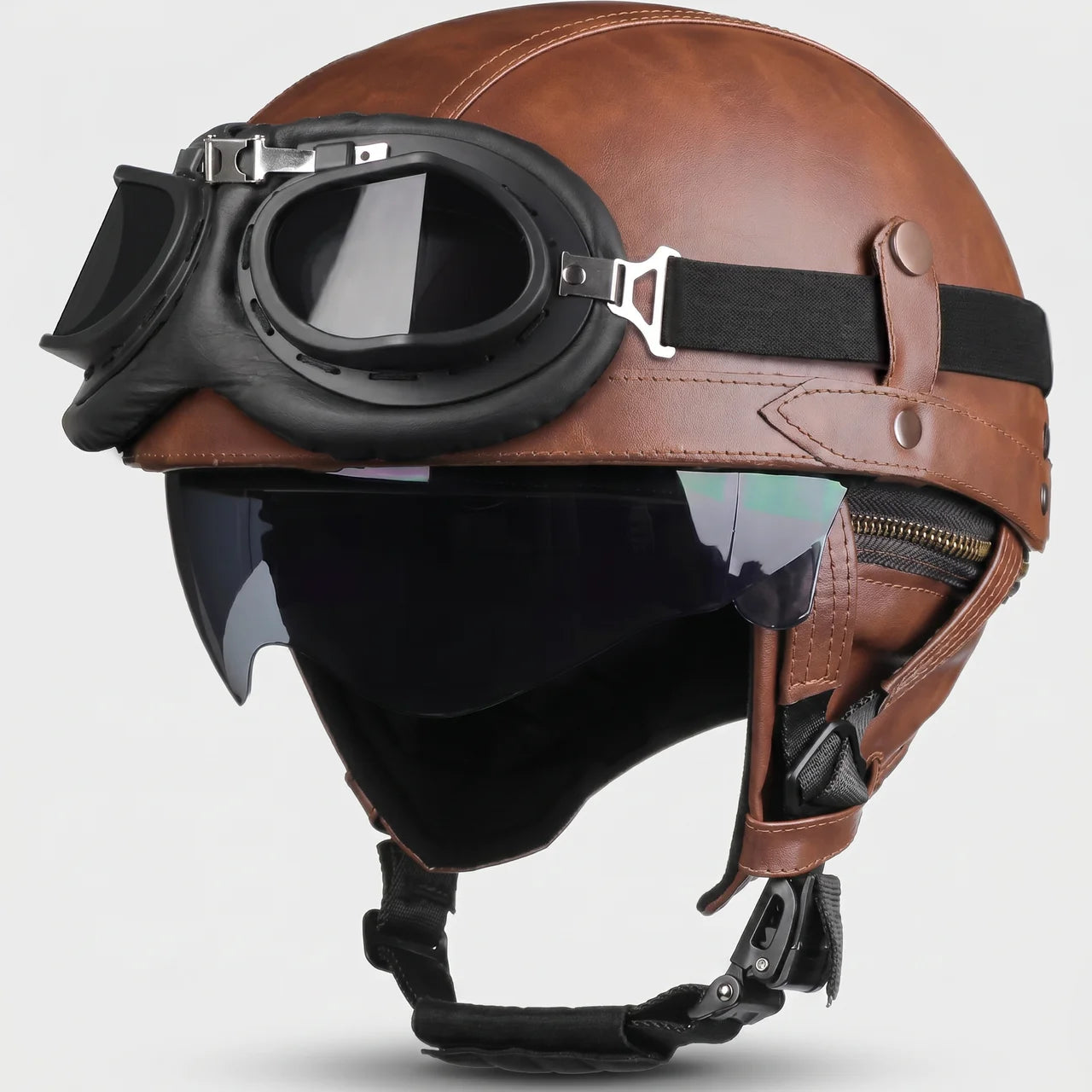 Brown Half Helmet - Aviator Visor
