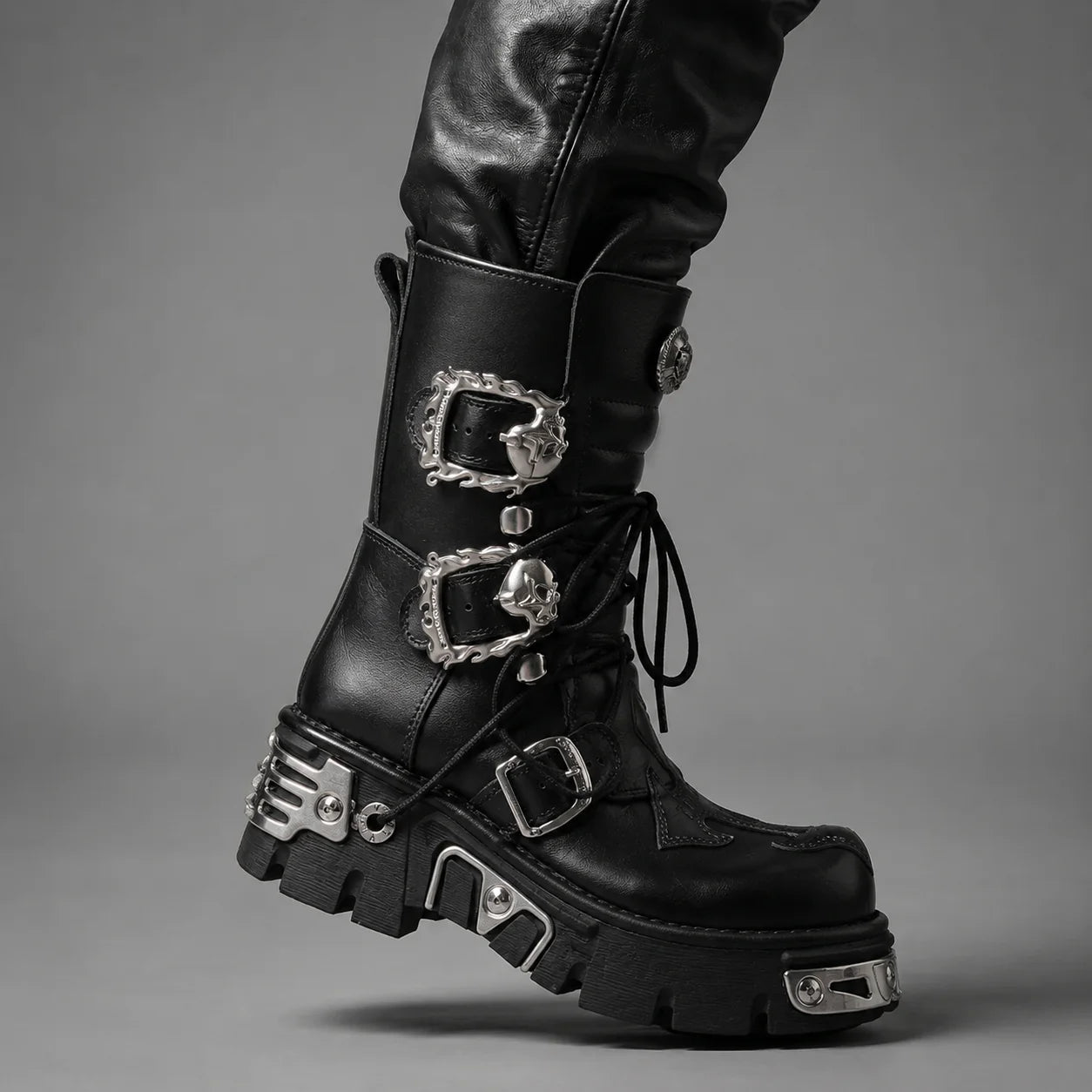 EKON Leather IronSkull Platform Biker Boots