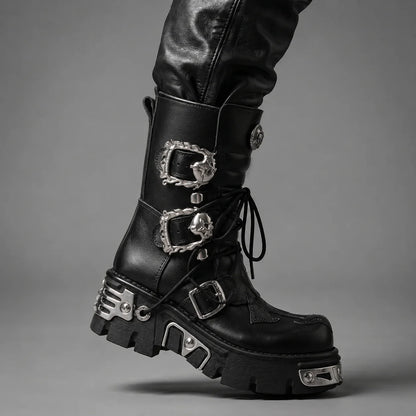 EKON Leather IronSkull Platform Biker Boots