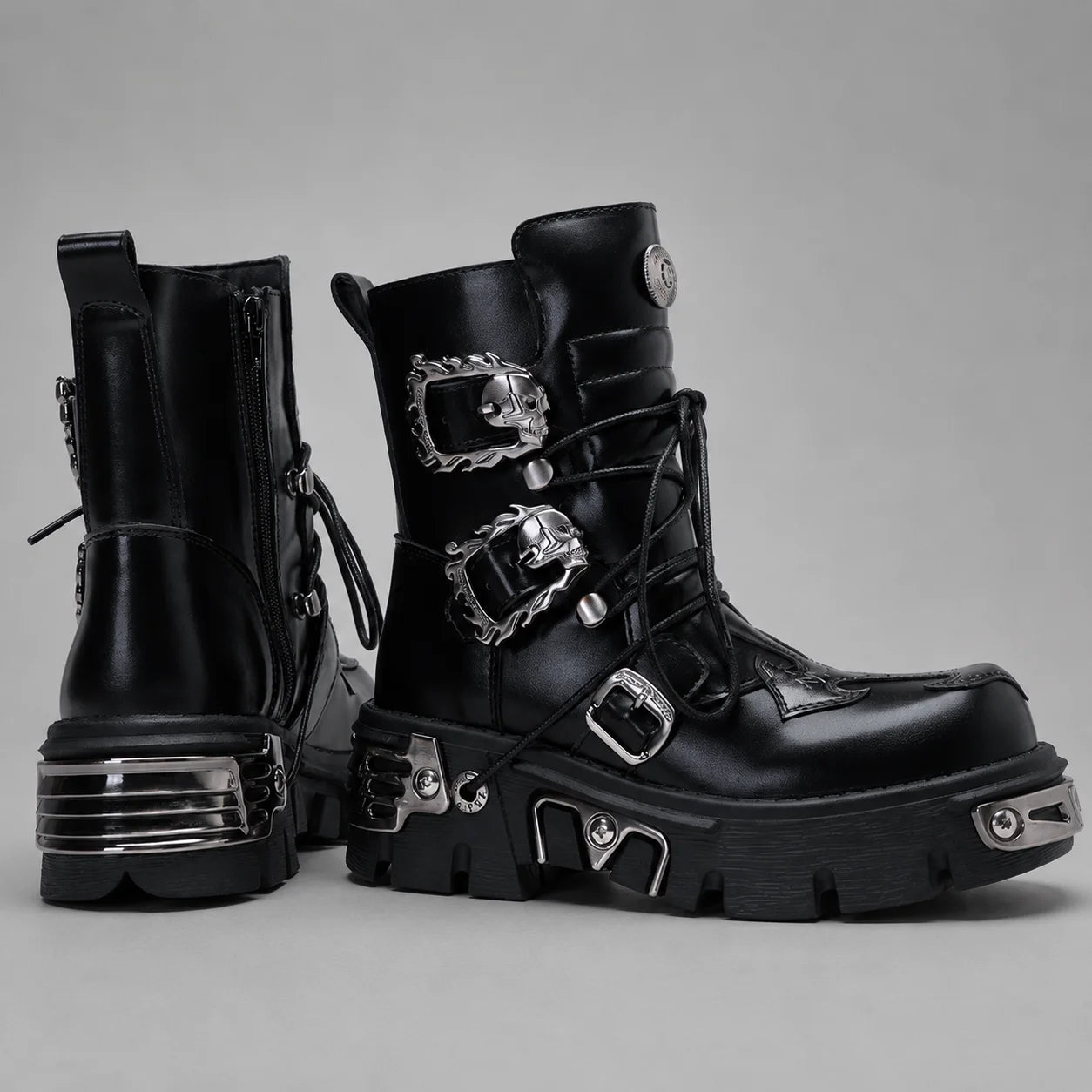 EKON Leather IronSkull Platform Biker Boots