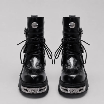EKON Leather IronSkull Platform Biker Boots