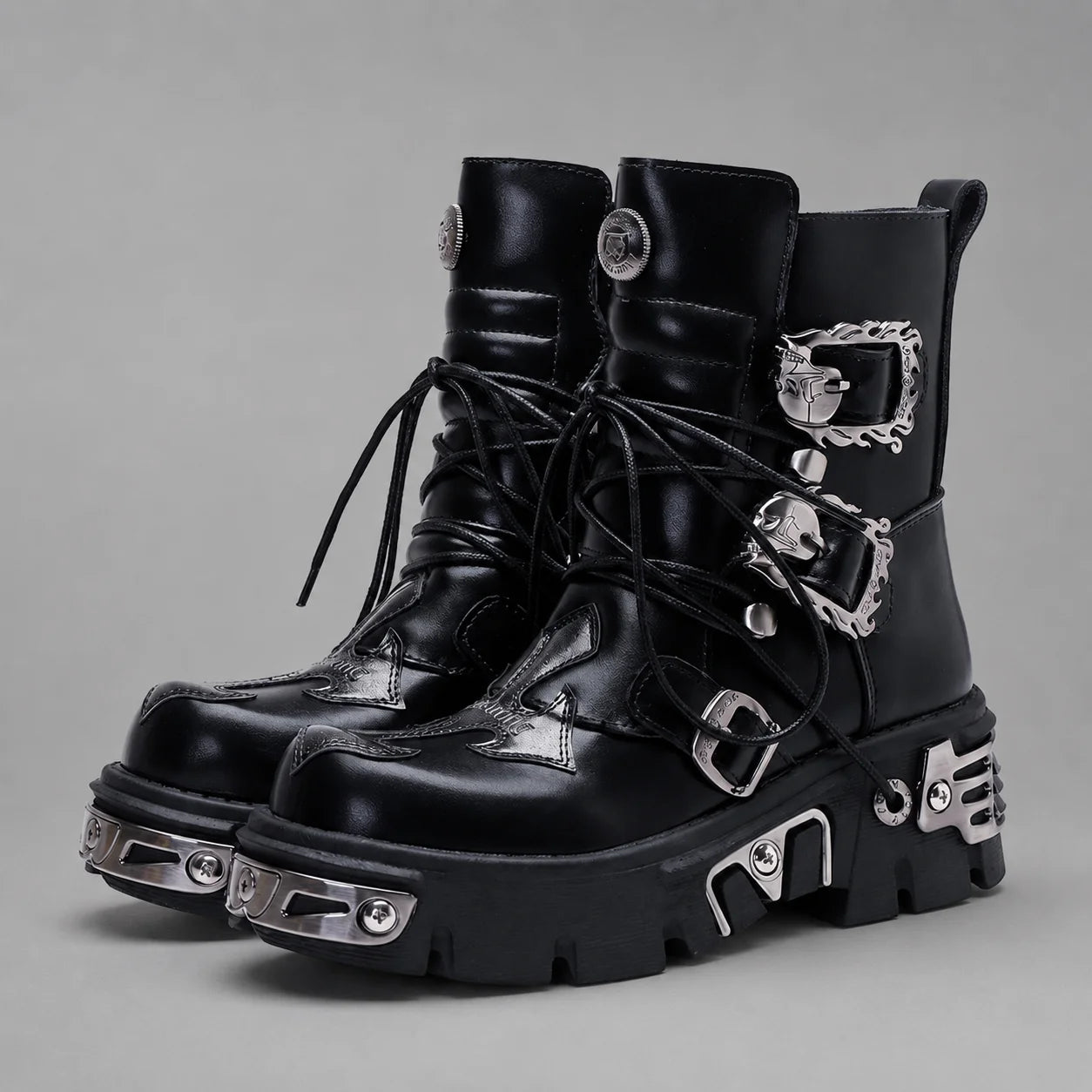 EKON Leather IronSkull Platform Biker Boots