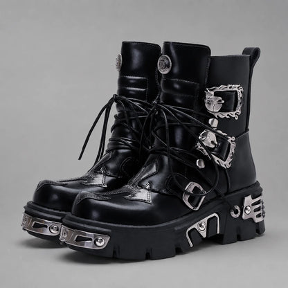 EKON Leather IronSkull Platform Biker Boots