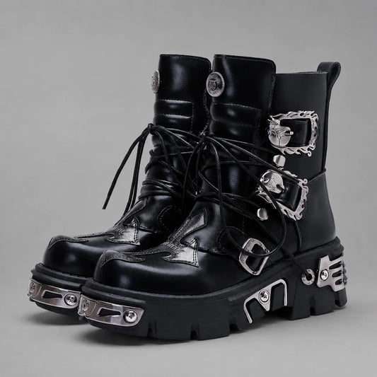 EKON Leather IronSkull Platform Biker Boots