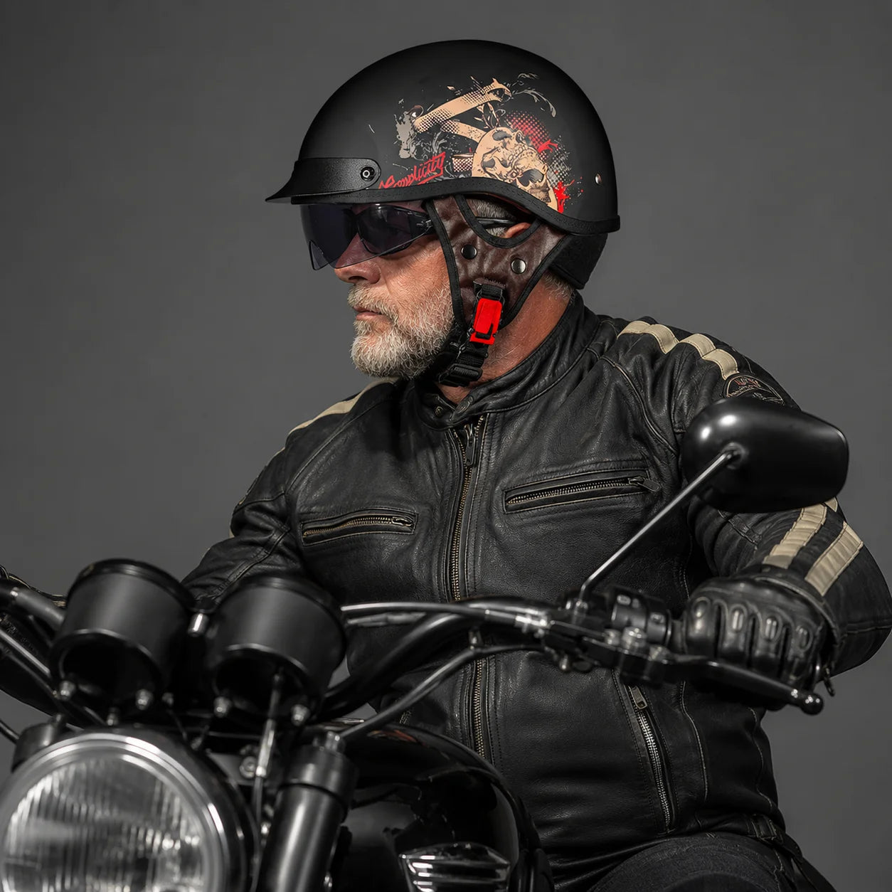 EKON Skull-Graphic Visor Half Helmet