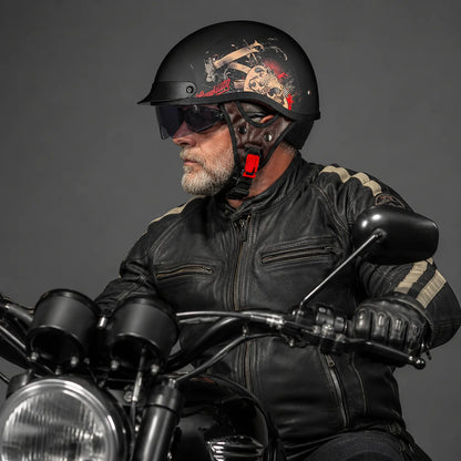 EKON Skull-Graphic Visor Half Helmet
