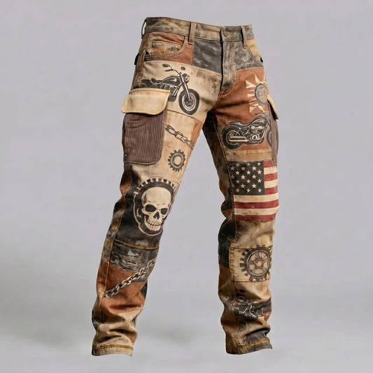 EKON Vintage Motorcycle Print Cargo Pants