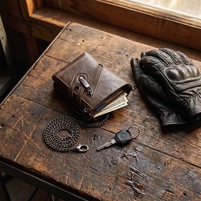 EKON Rider Chain Wallet laid out with riding gear, chain clipped to a belt loop