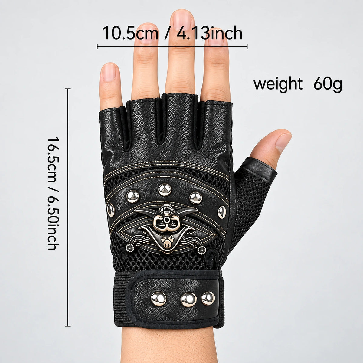 EKON Skull Rivet Fingerless Riding Gloves