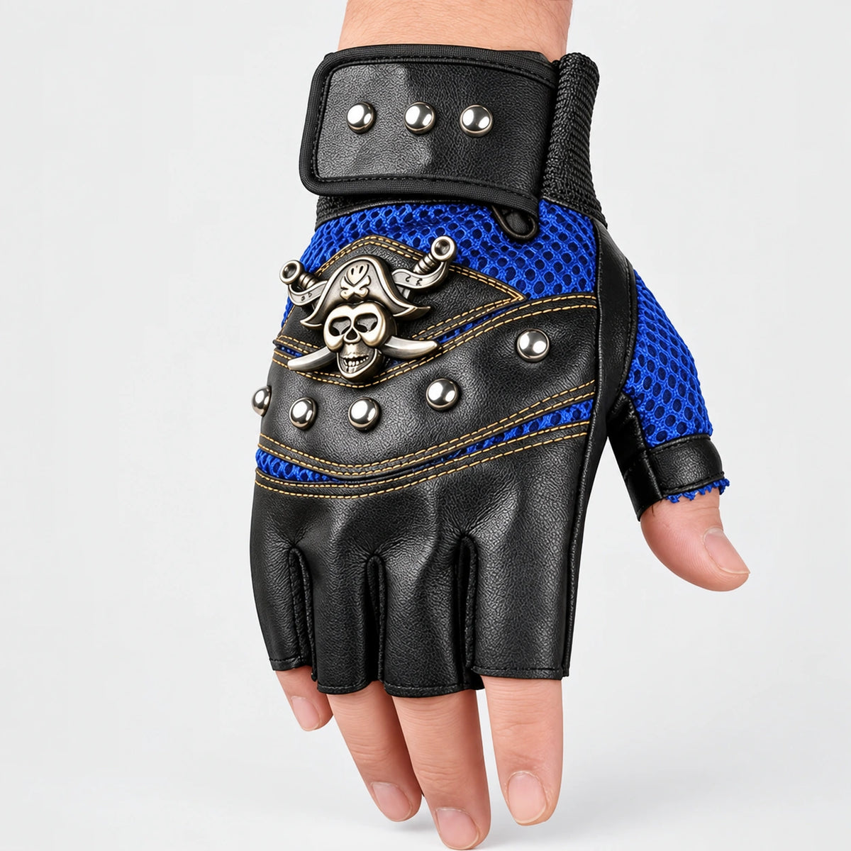 EKON Skull Rivet Fingerless Riding Gloves Blue