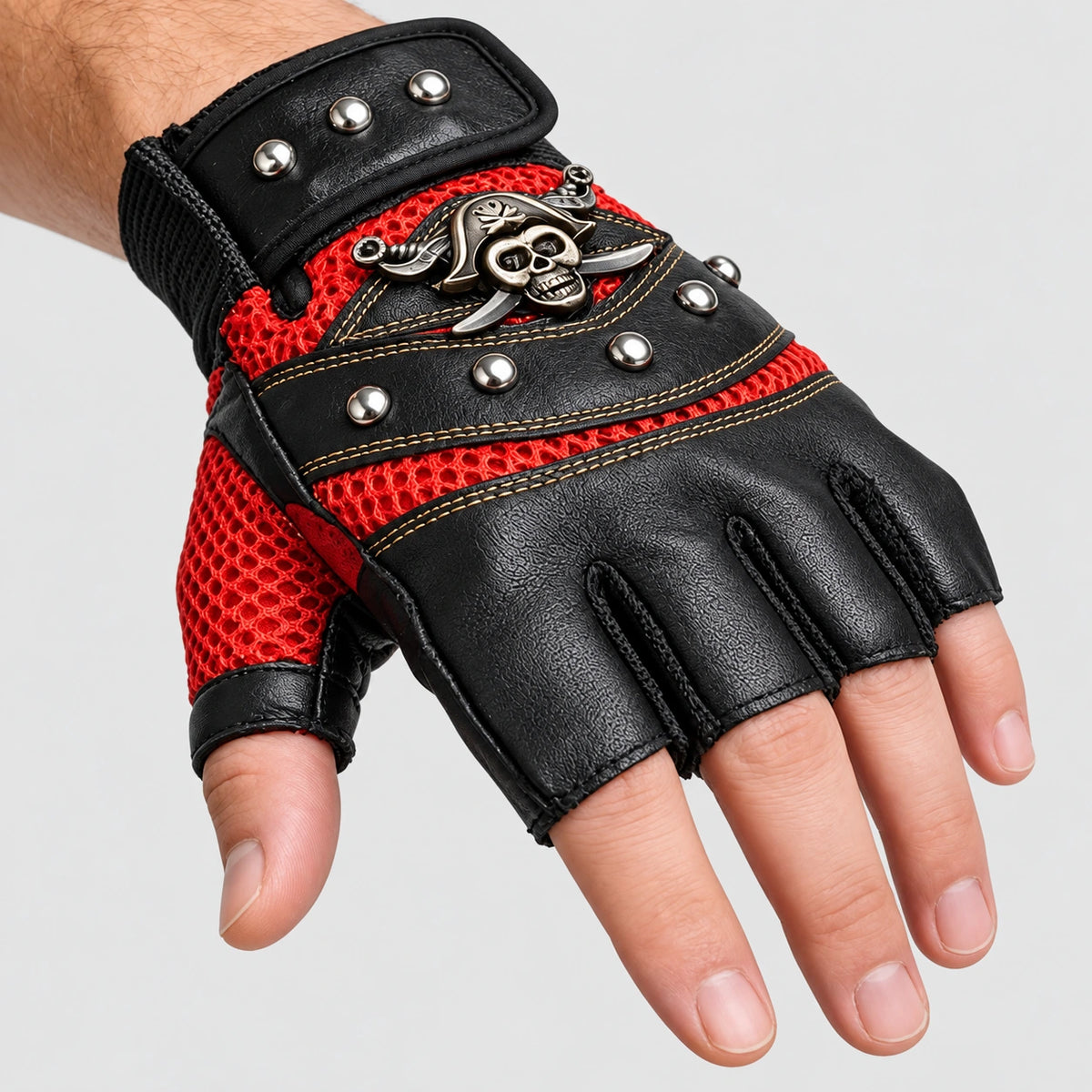 EKON Skull Rivet Fingerless Riding Gloves Red
