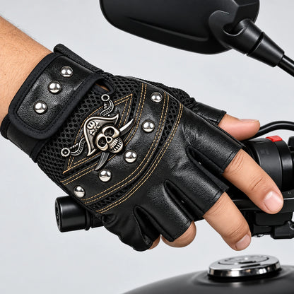 EKON Skull Rivet Fingerless Riding Gloves