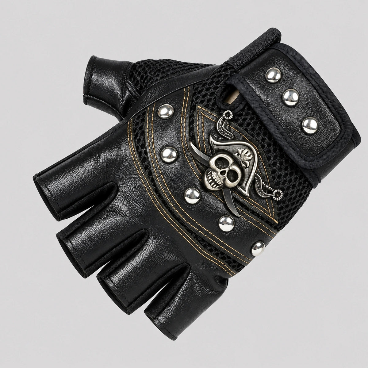 EKON Skull Rivet Fingerless Riding Gloves Black
