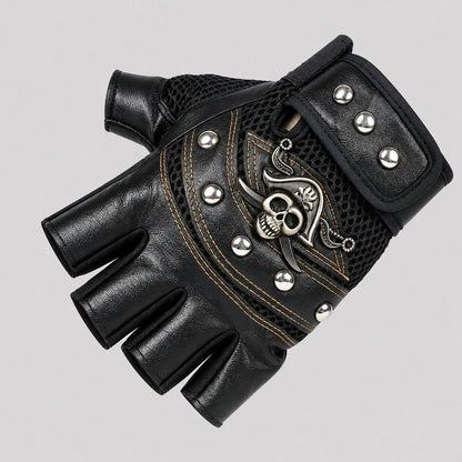 EKON Skull Rivet Fingerless Riding Gloves Black