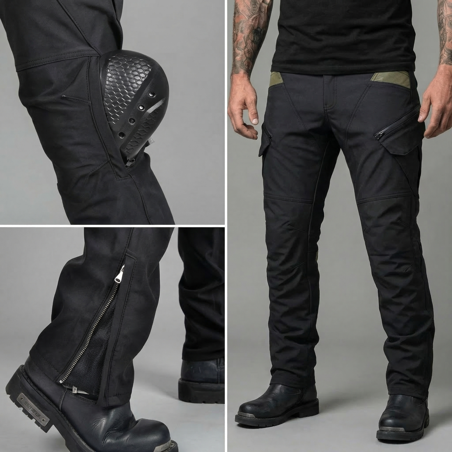Man wearing black EKON RoadArmor riding pants with knee armor and zippered leg