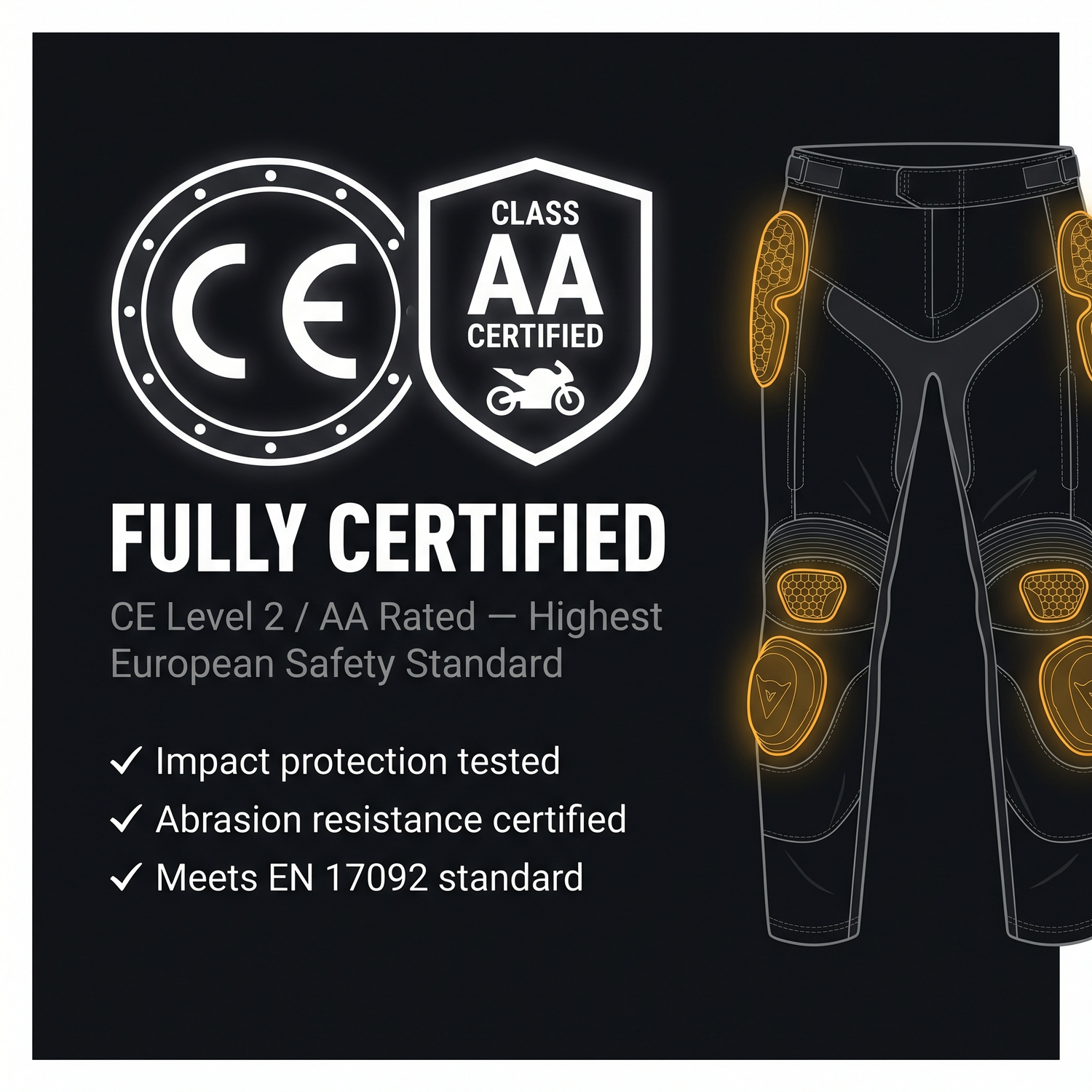 Motorcycle pants with protective gear, CE and Class AA certified