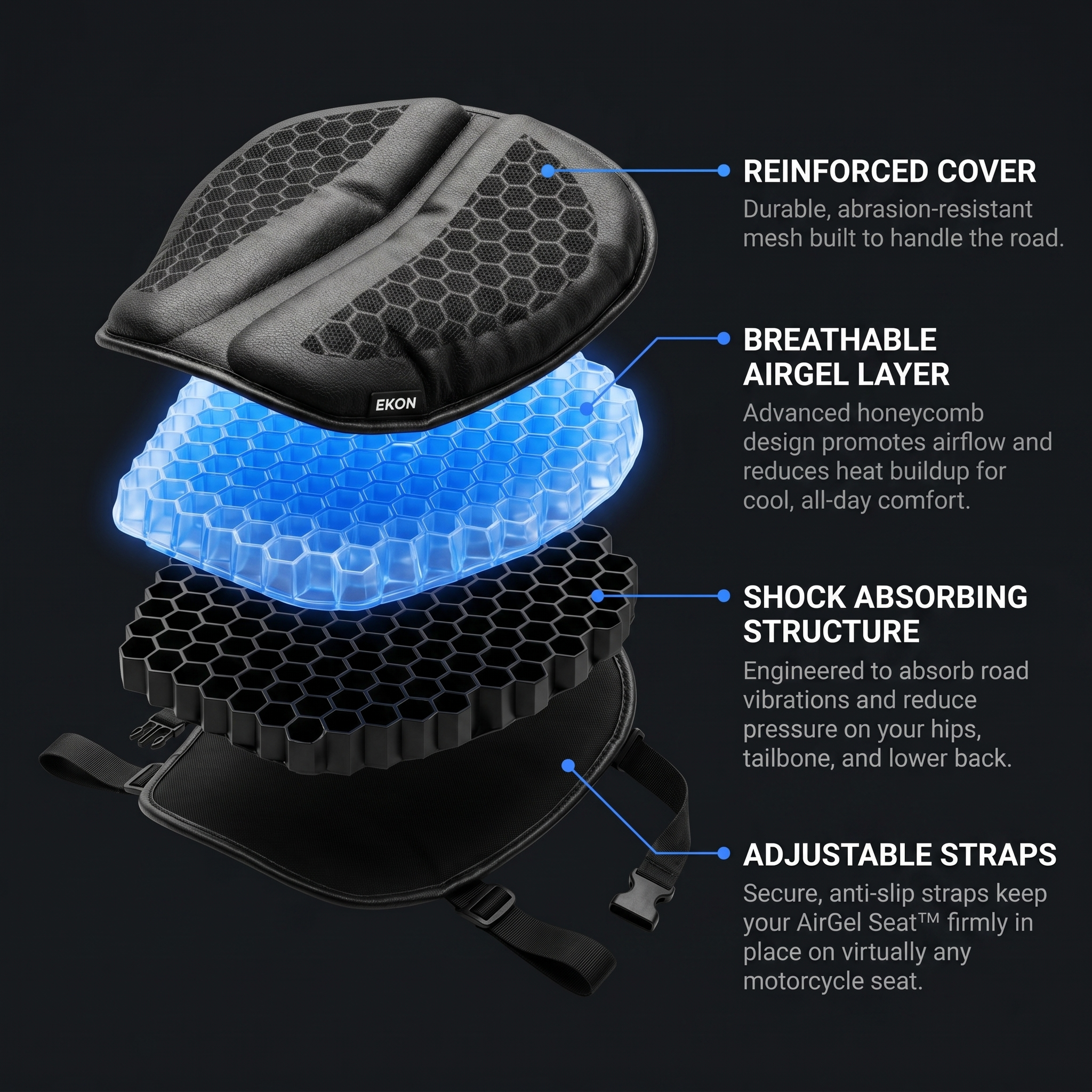 EKON AirGel Seat construction and adjustable straps