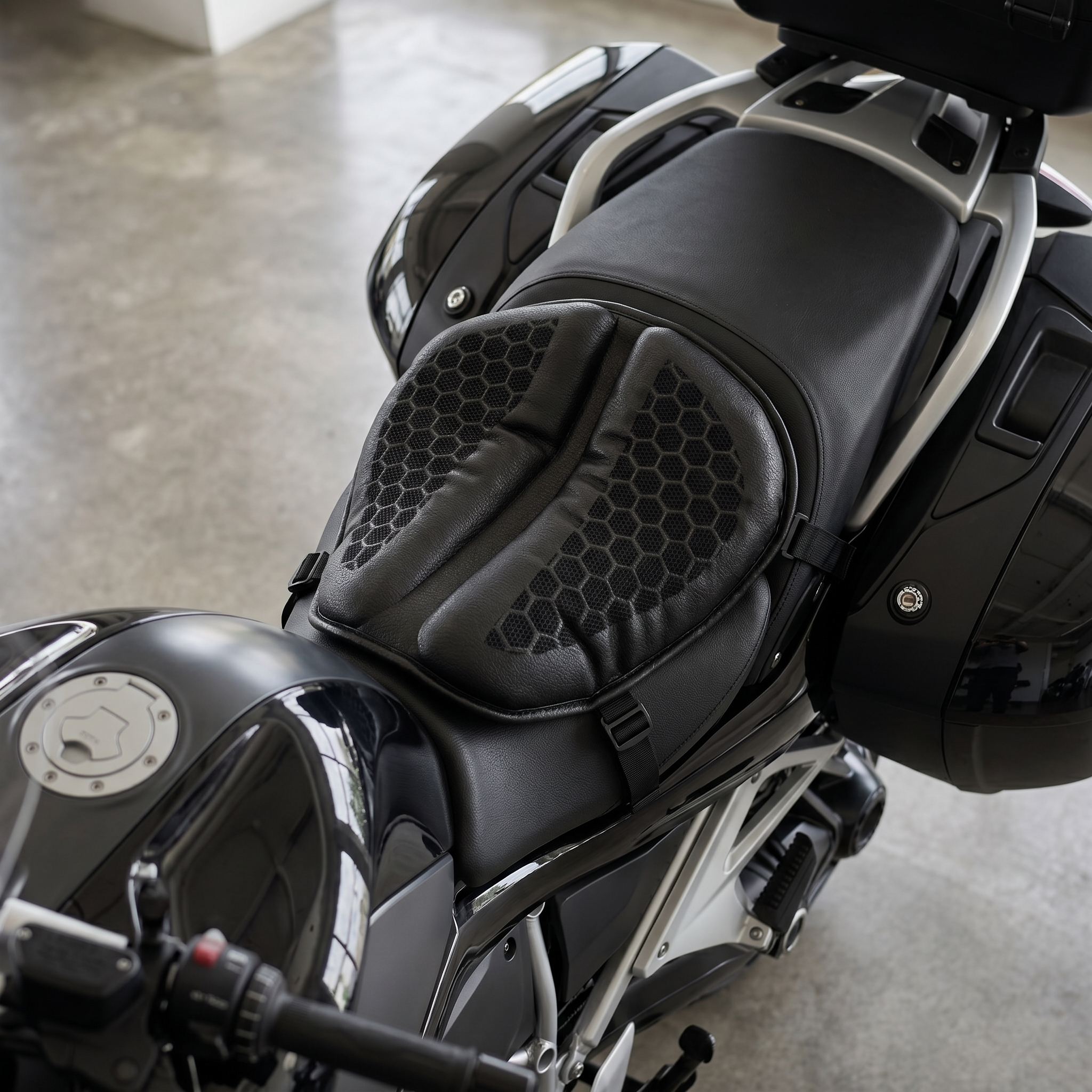 The AirGel Seat strapped onto a motorcycle saddle