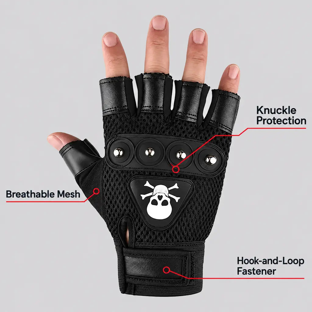 EKON Skull Patch Fingerless Riding Gloves