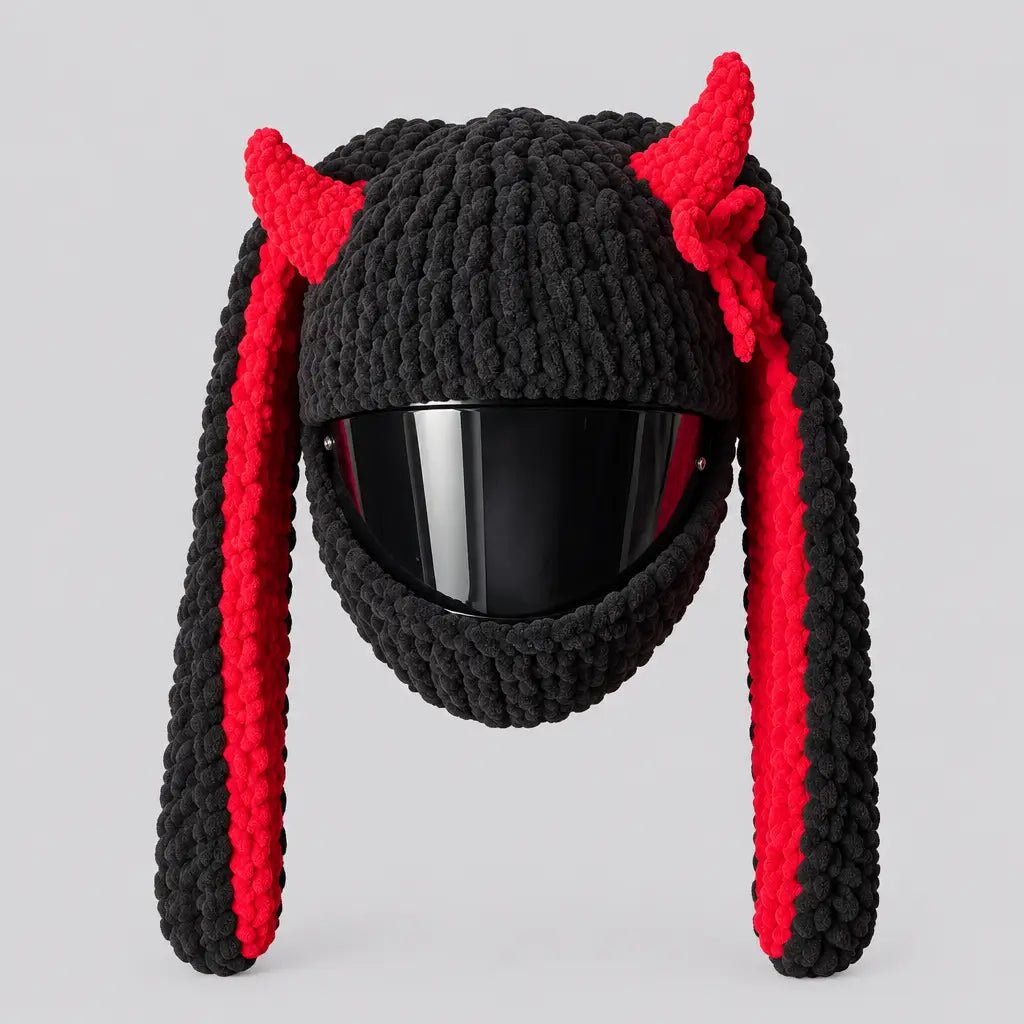 EKON Devil Bunny Knit Helmet Cover Black Red
