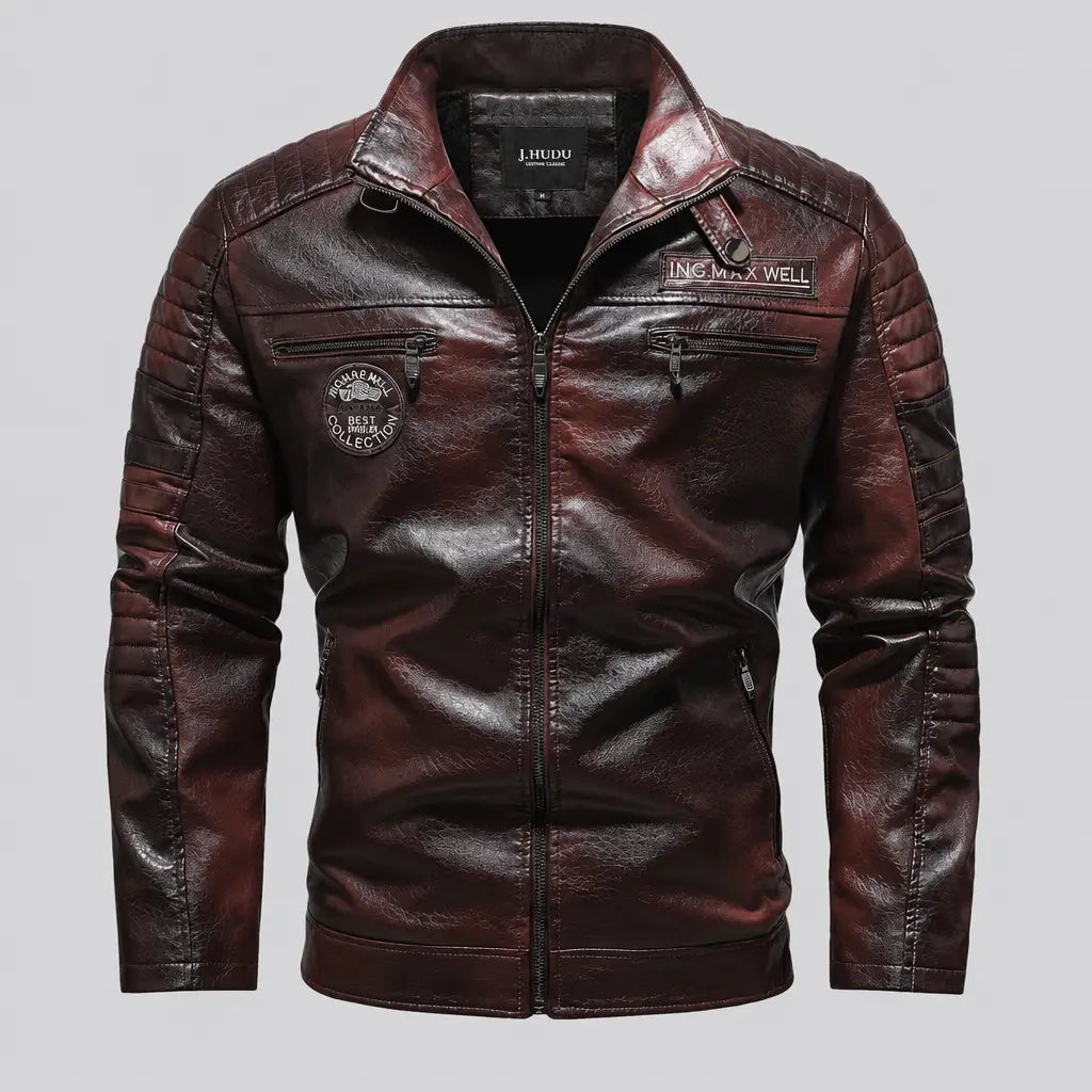 EKON Quilted Shoulder Biker Jacket Dark Red