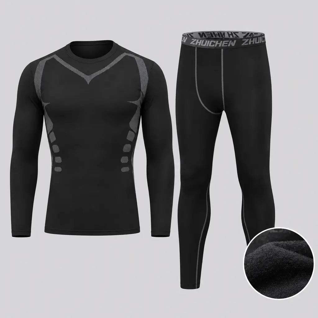 EKON Men’s Crewneck Fleece-Lined Thermal Set Black