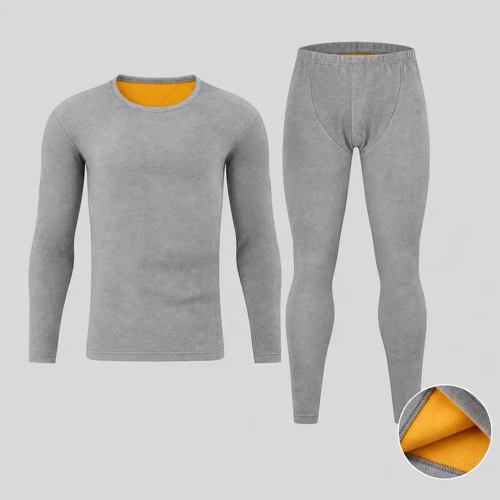 EKON Men’s Golden-Lined Crewneck Thermal Set Light Gray