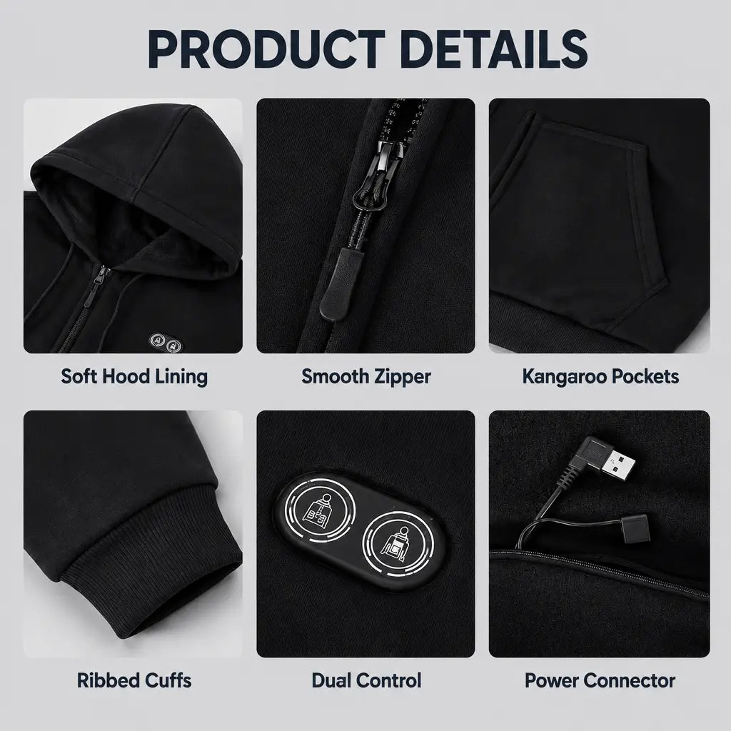 EKON Kangaroo-Pocket Heated Zip-Up Hoodie