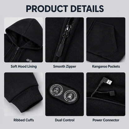 EKON Kangaroo-Pocket Heated Zip-Up Hoodie