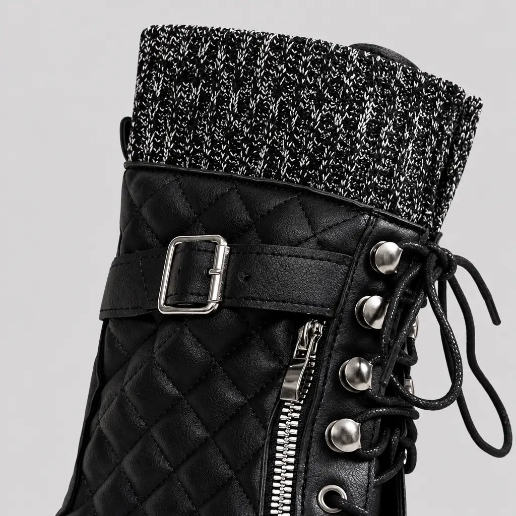 EKON Women’s Knit-Cuff Quilted Biker Boots