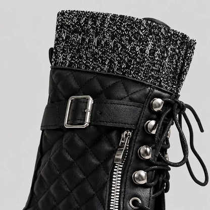 EKON Women’s Knit-Cuff Quilted Biker Boots