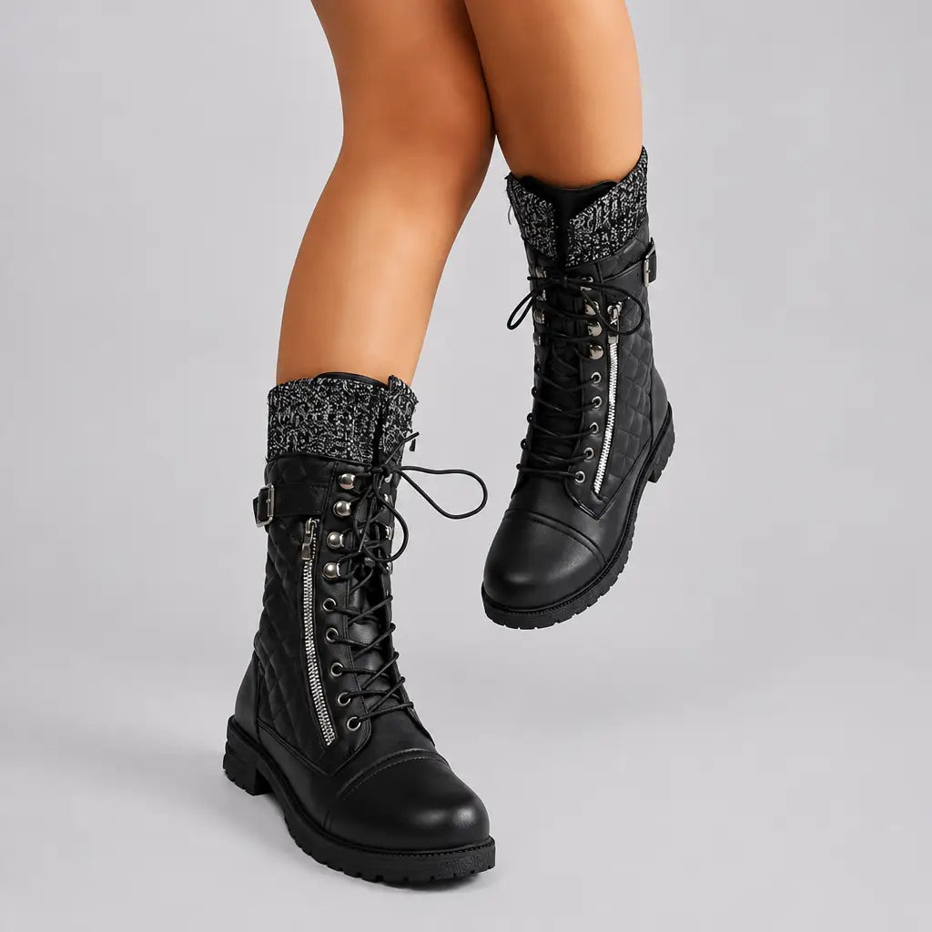EKON Women’s Knit-Cuff Quilted Biker Boots