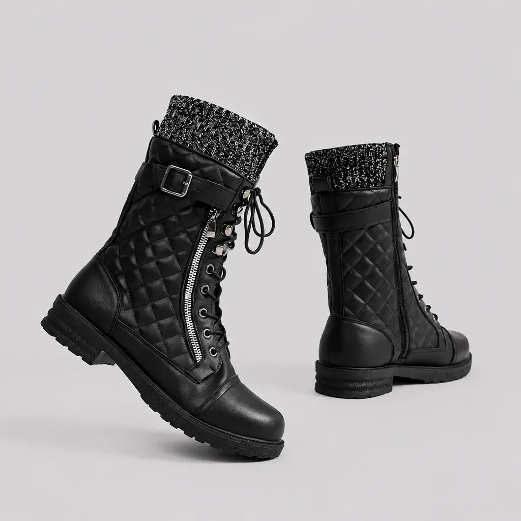EKON Women’s Knit-Cuff Quilted Biker Boots
