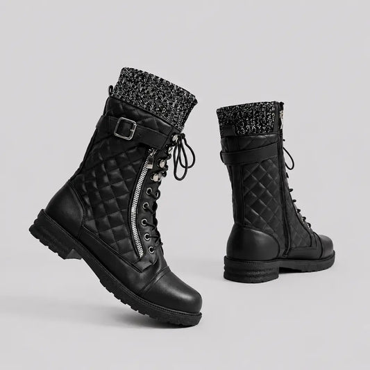 EKON Women’s Knit-Cuff Quilted Biker Boots