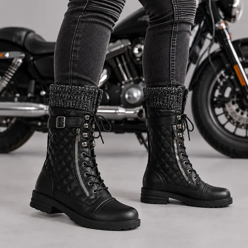 EKON Women’s Knit-Cuff Quilted Biker Boots