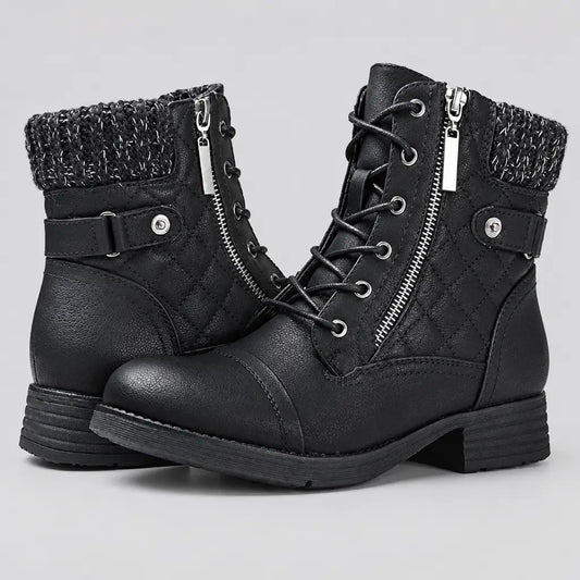 EKON Women’s Knit-Cuff Quilted Biker Boots Black