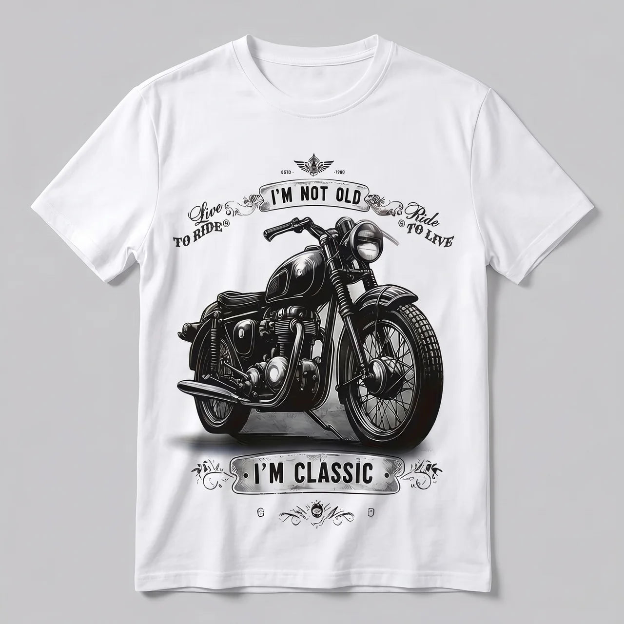 EKON Retro Motorcycle Rider White T-Shirt