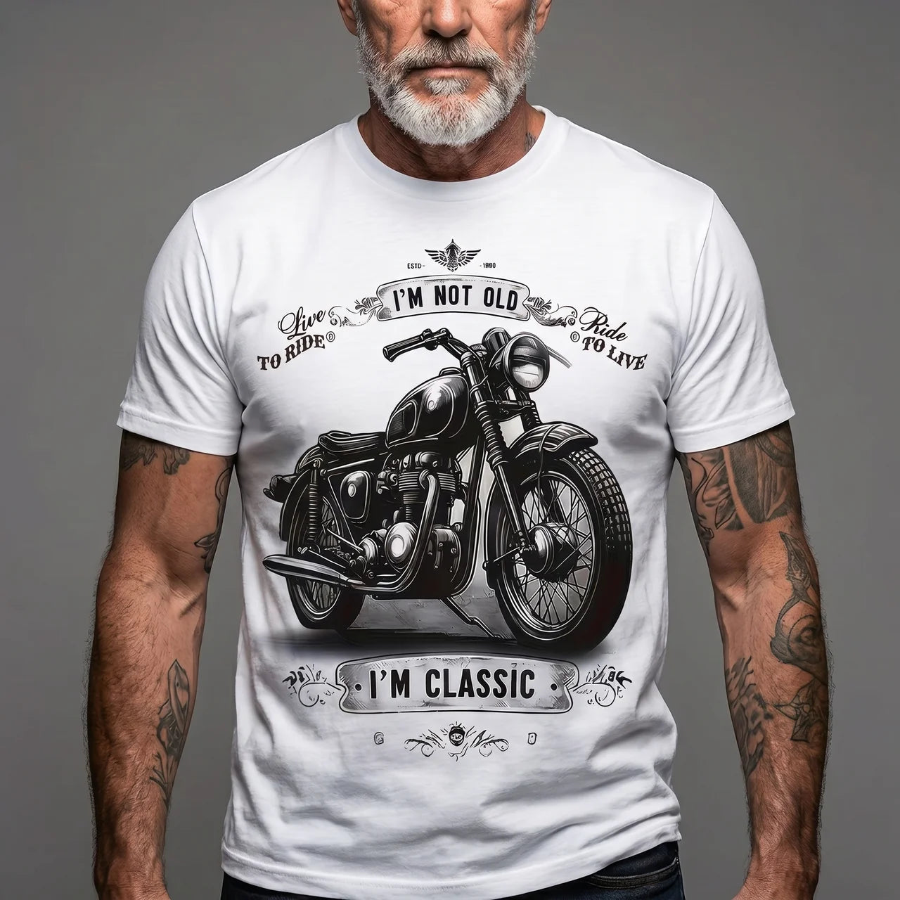 EKON Retro Motorcycle Rider White T-Shirt
