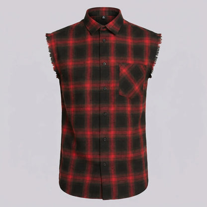 EKON Plaid Cutoff Shirt Dark Red Plaid
