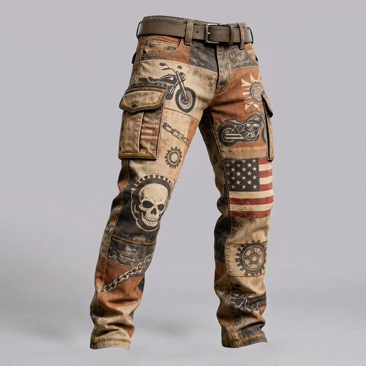 EKON Vintage Motorcycle Print Cargo Pants