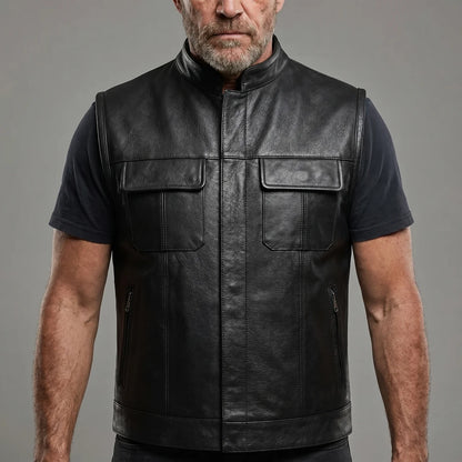 EKON Stand Collar Leather Biker Vest