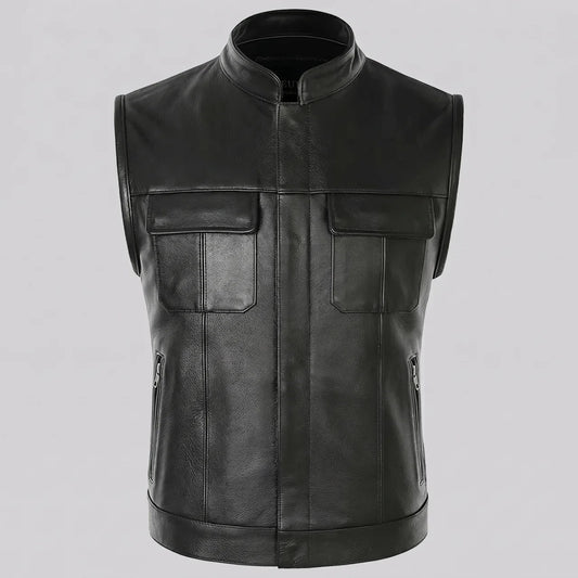 EKON Stand Collar Leather Biker Vest