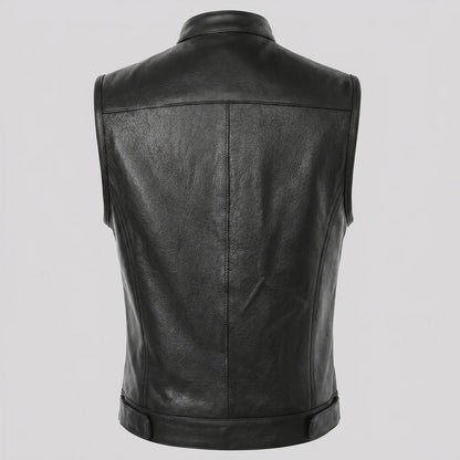 EKON Stand Collar Leather Biker Vest