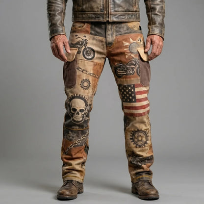 EKON Vintage Motorcycle Print Cargo Pants