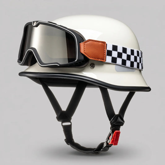 EKON Cream Vintage Racing Half Helmet