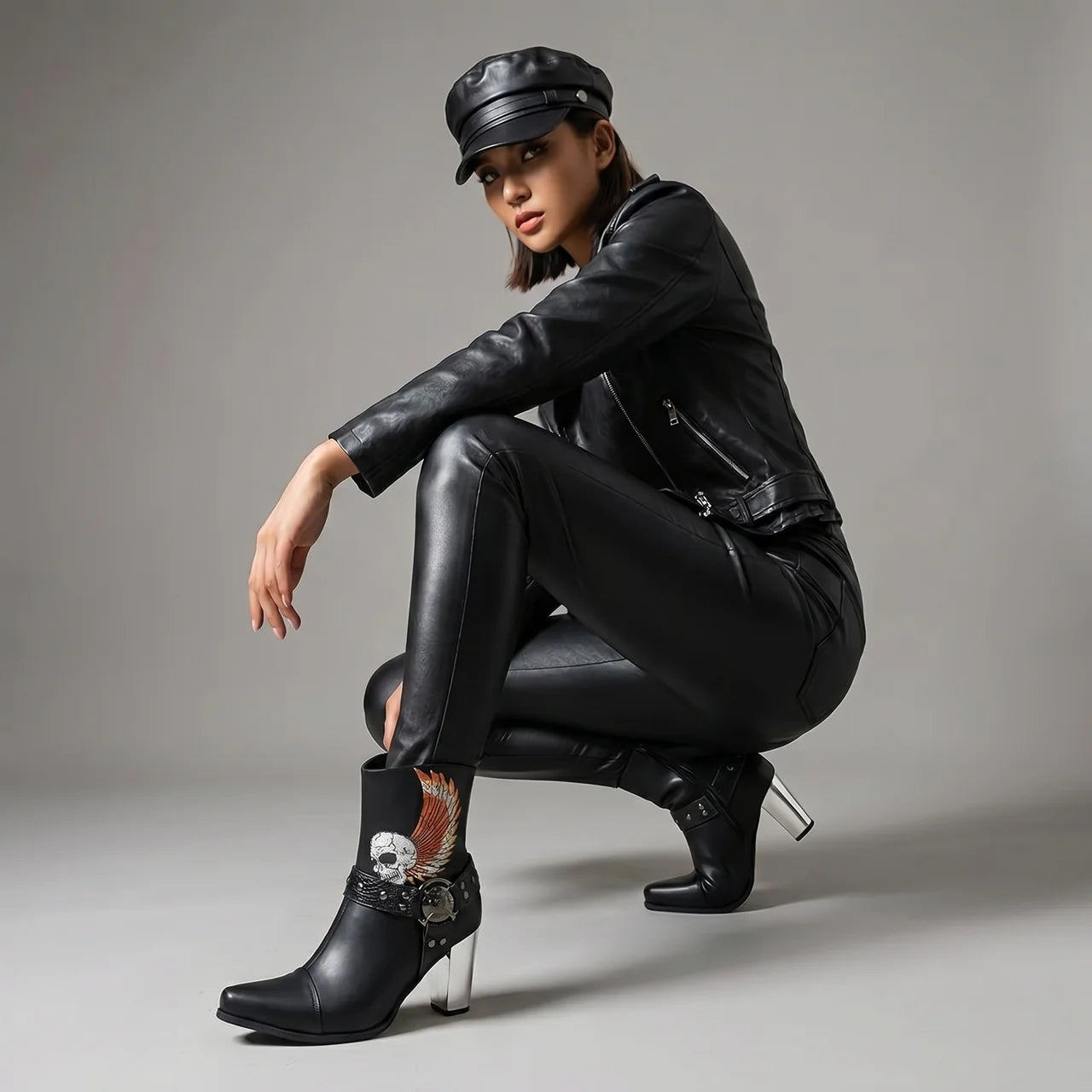 EKON Embroidered Skull Moto Ankle Boots