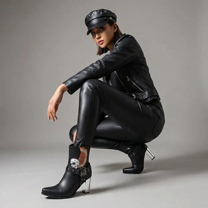 EKON Embroidered Skull Moto Ankle Boots